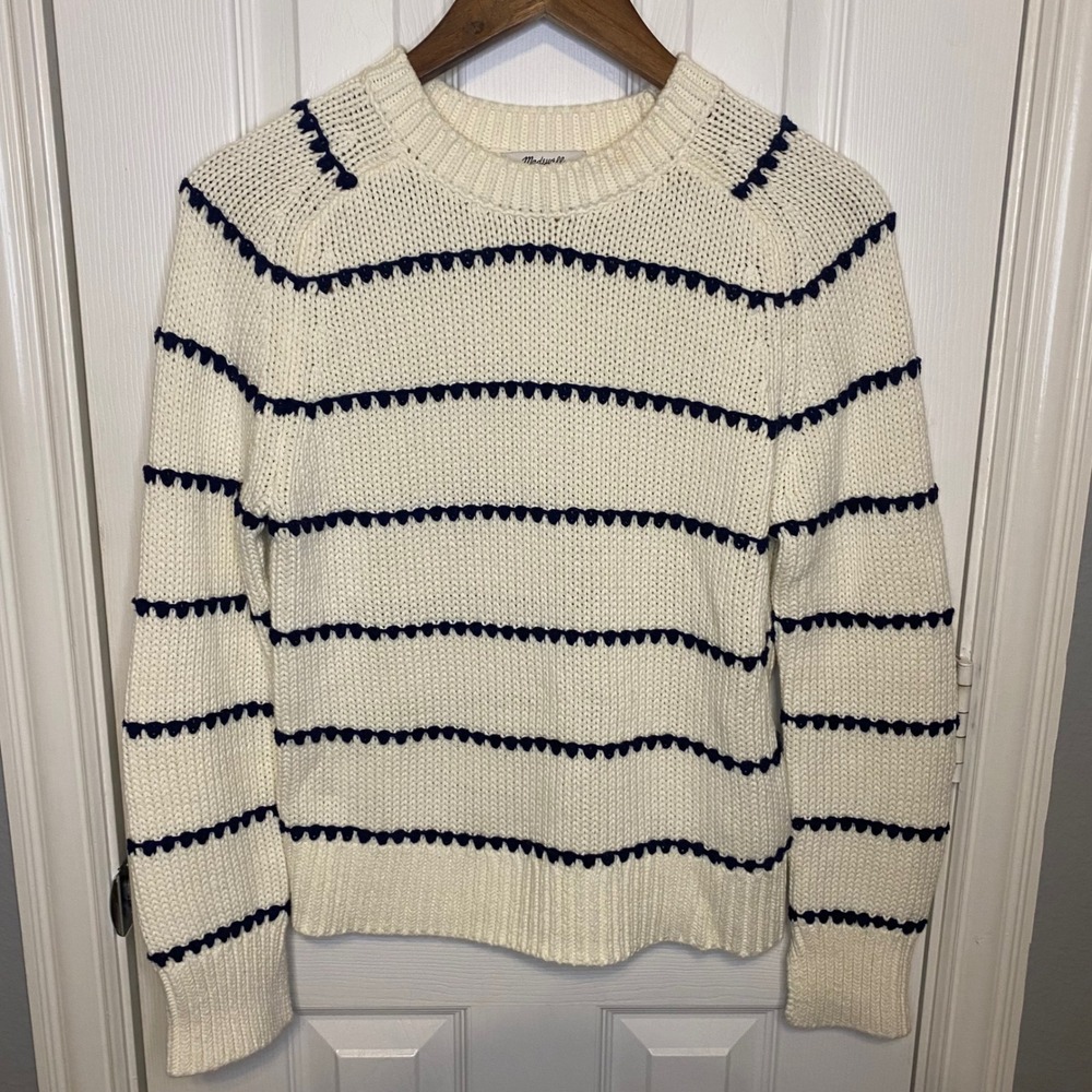 Madewell Sweater Womens Small Cream Black Striped Cotton Knit Crewneck Preppy - Picture 1 of 4